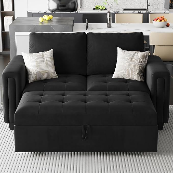 Belffin Modular Sectional Sleeper Sofa with Pull Out Couch Bed Modular Sleeper Loveseat Sectional Sofa Velvet Fabric for Living Room Apartment Black