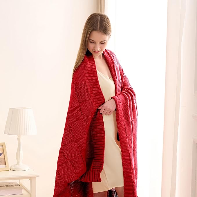 CozeCube Knit Throw Blanket,Christmas Red Checkered Bedroom Blanket for Couch,Soft Cozy Warm Knitted Blanket for Bed Sofa Living Room,Decorative Spring Fall Throw Blanket 60"X80",Christmas Red
