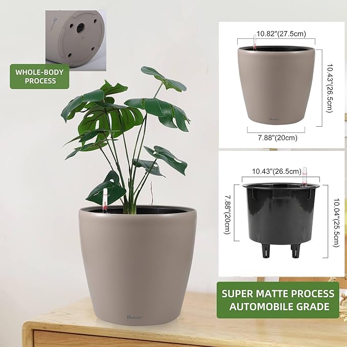 Dexceder 11x10 Inches Self Watering Planter Indoor Outdoor, Inner Pot Design, Thickened Table Flower Plant Pot with Water Level Indicator (Taupe Matte)