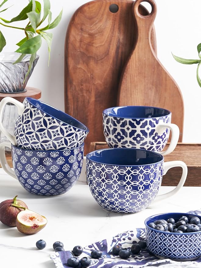 DOWAN Coffee Mugs Set of 4, 24 oz Large Coffee Mugs, Jumbo Soup Mugs With Handles, Ceramic Coffee Cups for Coffee Cereal Latte for Men Women, Housewarming Wedding Gift, Vintage Blue
