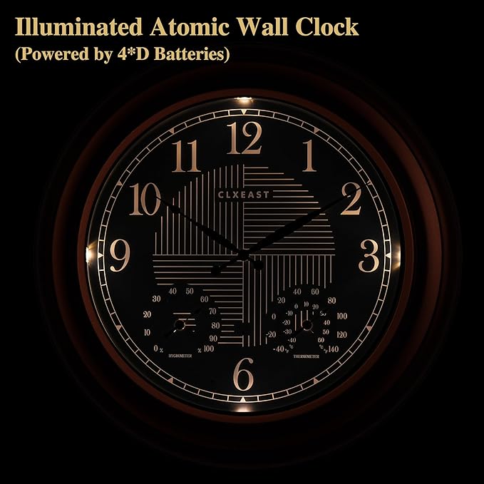CLXEAST 24 Inch Illuminated in/Outdoor Lighted Atomic Analog Wall Clock with Thermometer & Hygrometer, Oversized Large Waterproof Wall Clocks for Living Room Decor,Bronze Finish