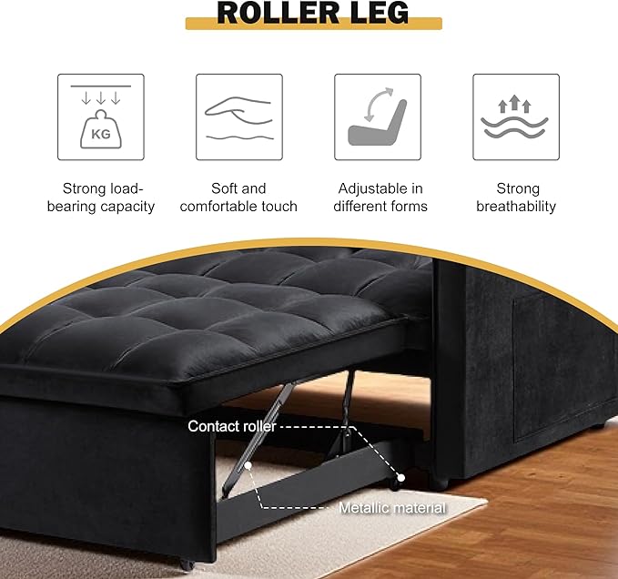 3 in 1 Sleeper Sofa Bed, Futon Sofa Bed for Living Room with Side Pocket, Black Sleepers Sofas Couch with Pullout Beds, Convertible Love Seat Sleepers Couch for Living Room, Bedroom,