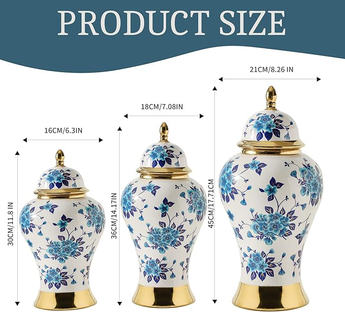 Ginger Jars for Home Decor, White and Gold Vase, Porcelain Ginger Jar Chinoiserie Blue and White Vase with Gold Trim and Floral Pattern, Ceramic Flower Vase for Home, Temple and Storage Jars(12in)