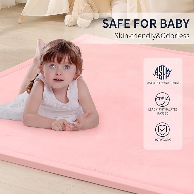 ACOMOPACK Baby Play Mat for Floor 1.3" Thick Memory Foam Play Mat 39"×59" Tummy Time Crawling with Non-Slip Bottom for Living Room,Nursery,Soft Velvet Playpen Mats for Kids,Infants（Pink）