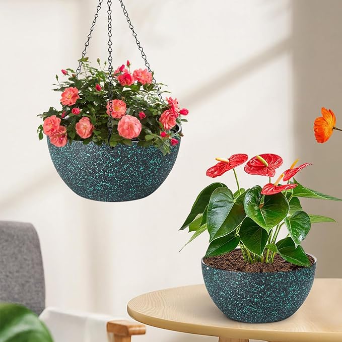 12 inch Hanging Planters for Indoor Plants, 2 Pack Planters for Outdoor Plants with Drainage Holes and Chain, Round Plastic Hanging Baskets, Hanging Flower Pots for Balcony Garden Decor-Black Speckle