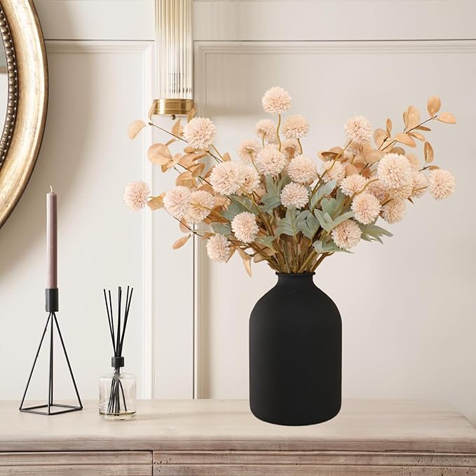 Beige Fake Flowers Silk 10 Stems With Eucalyptus, Faux Flowers For Vase, Artificial Mums Long Stem, Mini Faux Mums Flower Bulk, Tan Nude Cream Neutral Floral, Chrysanthemum Pom Pom Floral Arrangements