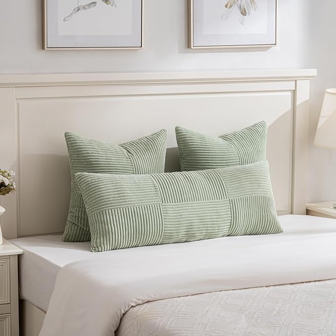 Fancy Homi Set of 2 Sage Green Boho Long Lumbar Body Decorative Throw Pillow Cover 14x36 Inch for Bed Couch Bedroom Bench, Soft Patchwork Corduroy Textured Pillow Case, Rustic Farmhouse Room Décor