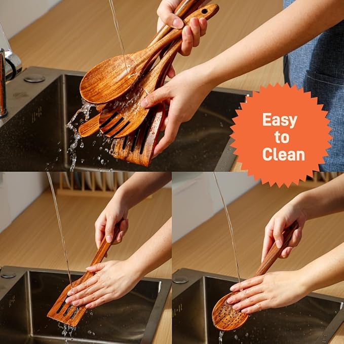 5 Piece Wooden Spoons for Cooking - Natural Finish Wooden Cooking Utensils - Soft Grip Wood Spoons - Non-Stick Wooden Spoons