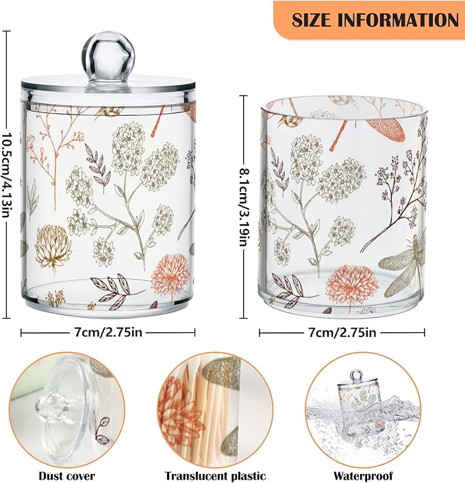 2 Pack Qtip Holder Organizer Dispenser Dragonfly Pattern Bathroom Storage Canister Cotton Ball Holder Container for Cotton Swabs/Pads/Floss