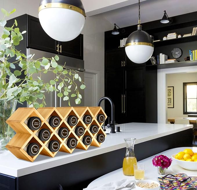 Bamboo Criss Cross Spice Rack Organizer for Cabinet, Wood Seasoning Rack Spice Holder, 18-Jar Spice Rack Tower Spice Storage for Kitchen Countertop Drawer-Jars Not Included