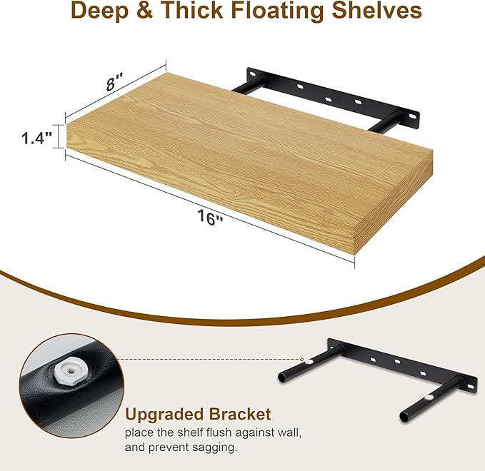 Fun Memories Floating Shelves for Wall, 8 Inch Deep Floating Wall Shelf, 16" x 8" Floating Shelves - Set of 2, Rustic Wooden Storage Shelves for Bathroom, Living Room, Kitchen