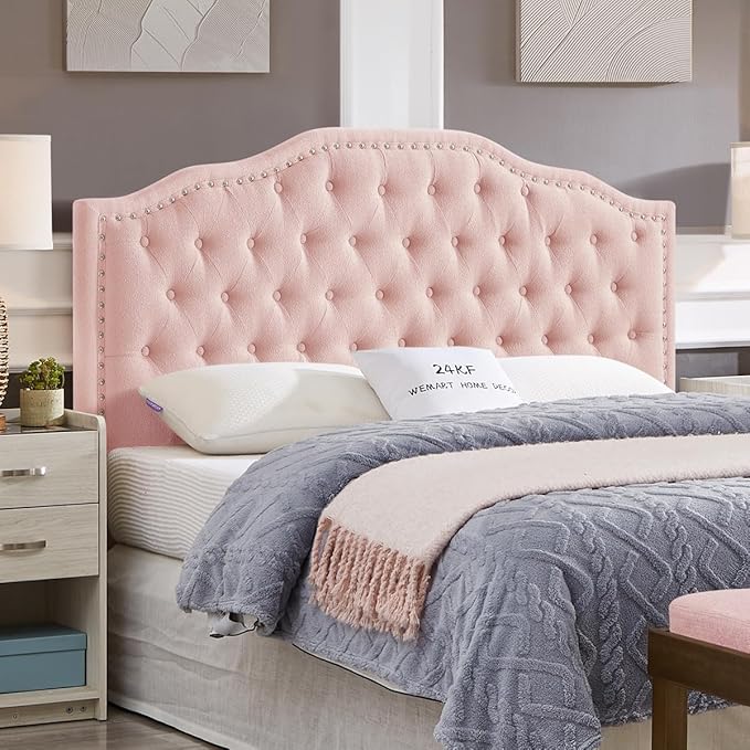 24KF Upholstered Button Tufted Queen Headboard with Nailhead Trim, Elegant Boucle Fabric Full headboard, 6031-Q-Boucle-Pink