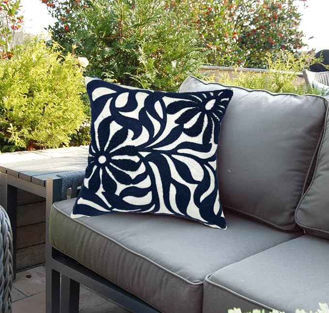 Alysheer Farmhouse Floral Leaves Embroidered Decorative Throw Pillow Cover 18x18 inches, Boho Tufted Flowers Embroidery Pattern Chic Cotton Cushion Case for Couch Bed Sofa Living Room(Navy Blue)