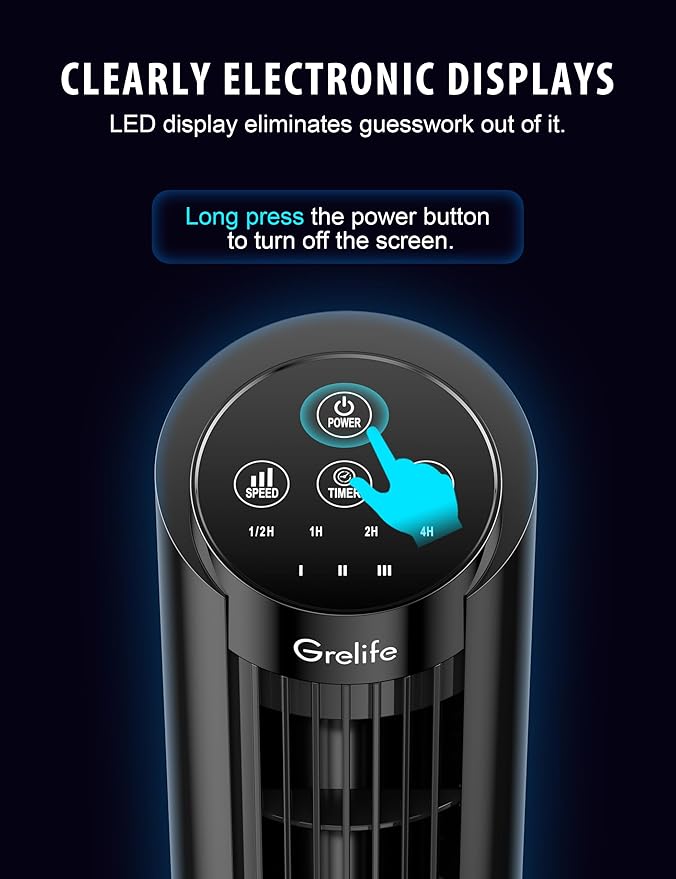Grelife 13'' Tower Fan for Bedroom, 26dB Quiet Floor Fan with Remote, 3 Mode, 1-8H Timer, 90° Oscillating Fans for Indoors with 27ft/s Velocity, Portable Desk Table Fan for Room, Home, Office,Black