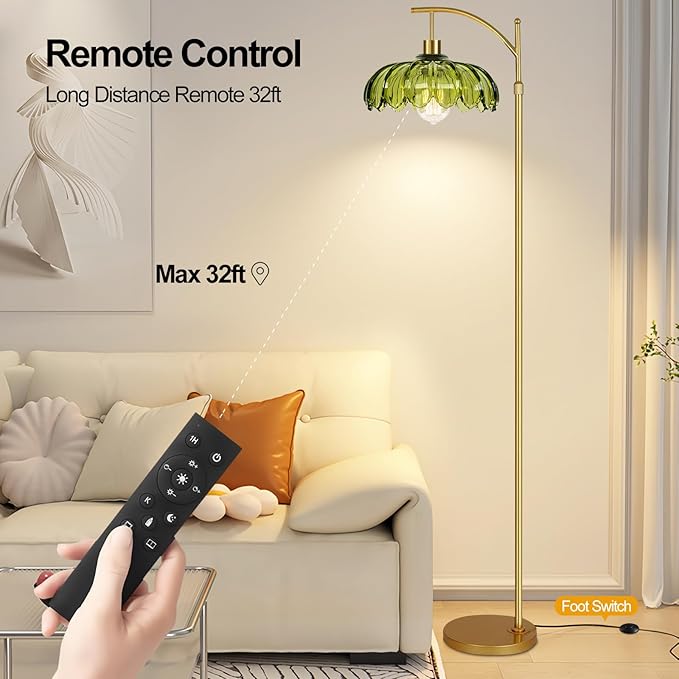 Gold Floor Lamps for Living Room Glass Vintage Floor Lamp with Remote Control,Dimmable Mid Century Modern Standing Lamp with 3 Color Temperature Tall Flower Lamp Brass Floor lamp for Bedroom Corner