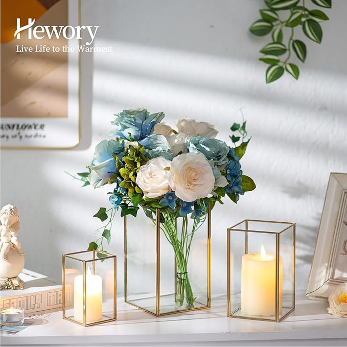 Glass Hurricane Candle Holder Large - Hewory 3pcs Gold Rectangle Flower Holders Centerpiece for Table, Tall Floor Square Pillar Candle Lantern for Wedding, Anniversary, Party, Fireplace, Dining Room