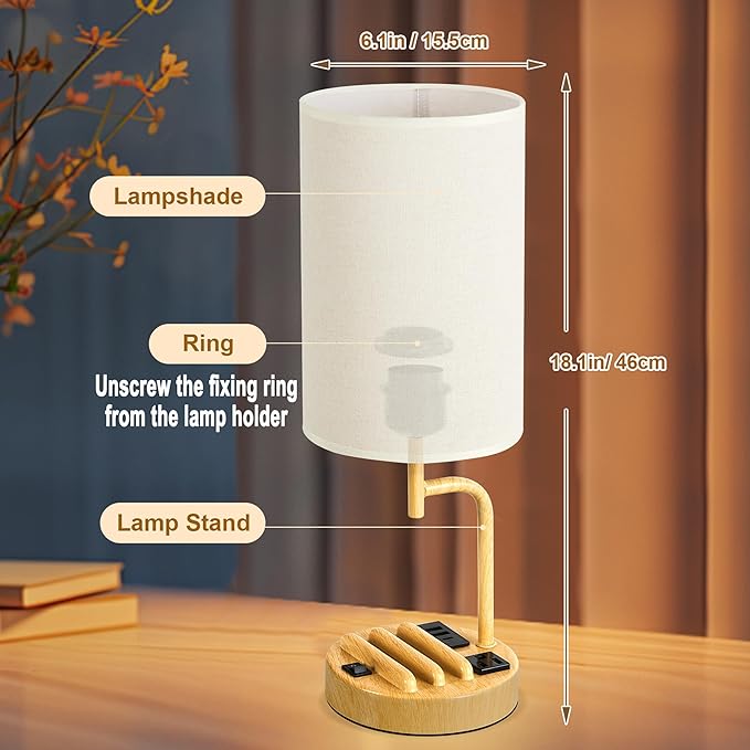 Dreamholder Table Lamp with 3 USB Charging Ports, Modern Desk Lamp with AC Outlet and Phone Stands, Perfect Bedside Lamp for Bedroom, Living Room, Office (Pack of 2)