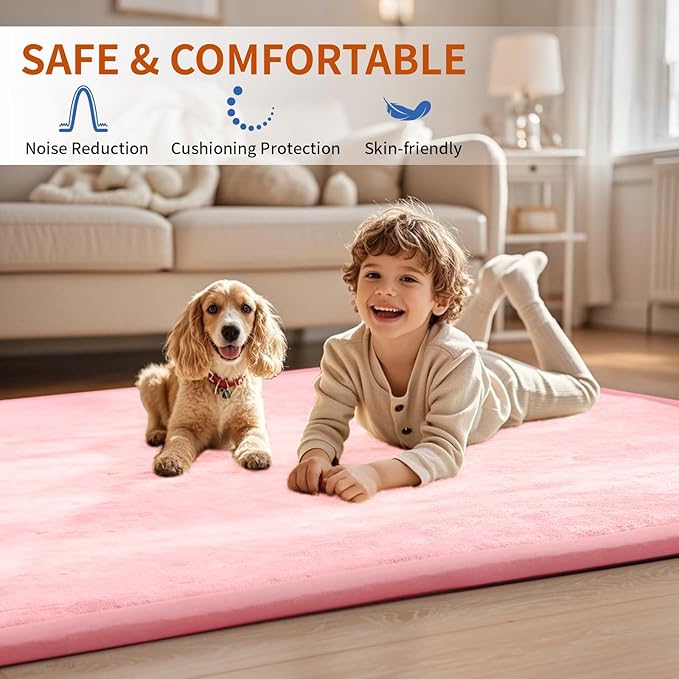 ACOMOPACK Baby Play Mat for Floor,1.3" Thick Memory Foam Area Rug for Living Room,Soft Velvet Crawling with Non-Slip Bottom for Kid,Toddler,39"×59" Tummy Time Nursery Rugs,Yoga（Pink）