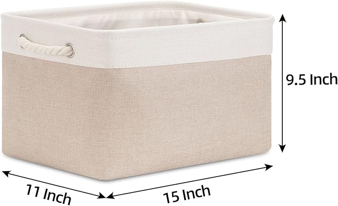 Bidtakay Large Fabric Baskets with Handles [3-Pack] Collapsible Storage Basket for Shelves 15 X 11 X 9.5 inches Canvas Bins for Closet Organization (White&Beige)