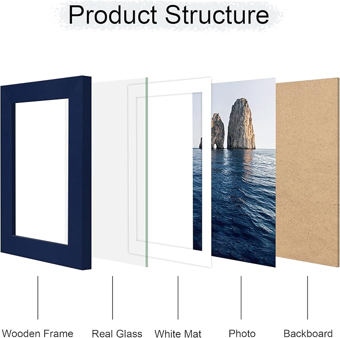 4x6 Picture Frame Set of 4, 4 x 6 Wood Photo Frames with Mat for 3.5x5, Natural Wooden Frame with Real Glass Cover for Wall and Tabletop Display,Blue