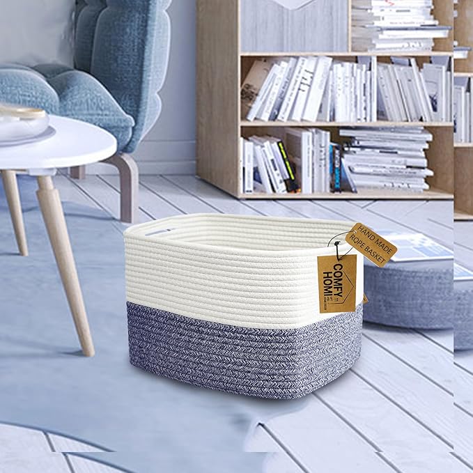 COMFY-HOMI Medium Cotton Rope Basket With Handles for Shelves|Dog Toy|Baby Gift Basket Empty for Organizing|NEW Generation 13.5" x 11" x 9.5" Living Room (Navy Blue)