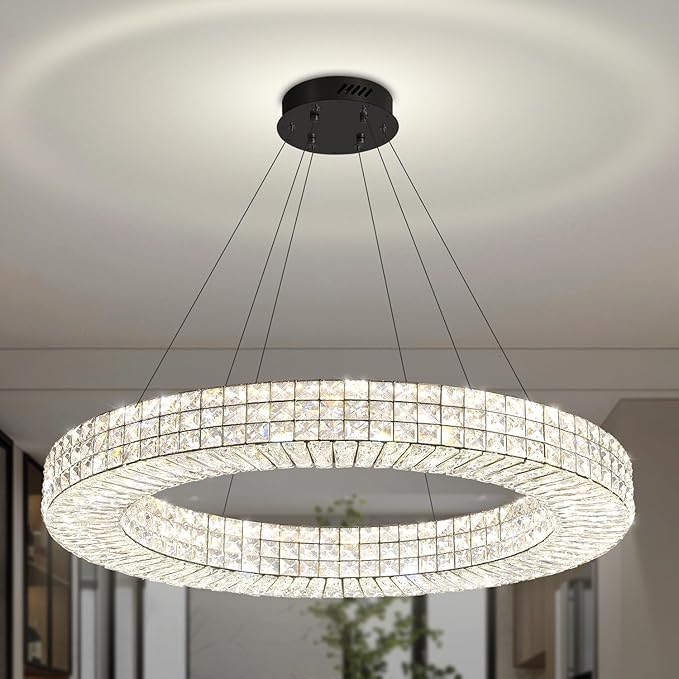 Dia 40" Modern Chandelier Ring Crystal Chandelier Adjustable Height Luxury Crystal Pendant Ceiling Light Fixture for Dining Living Room Bedroom