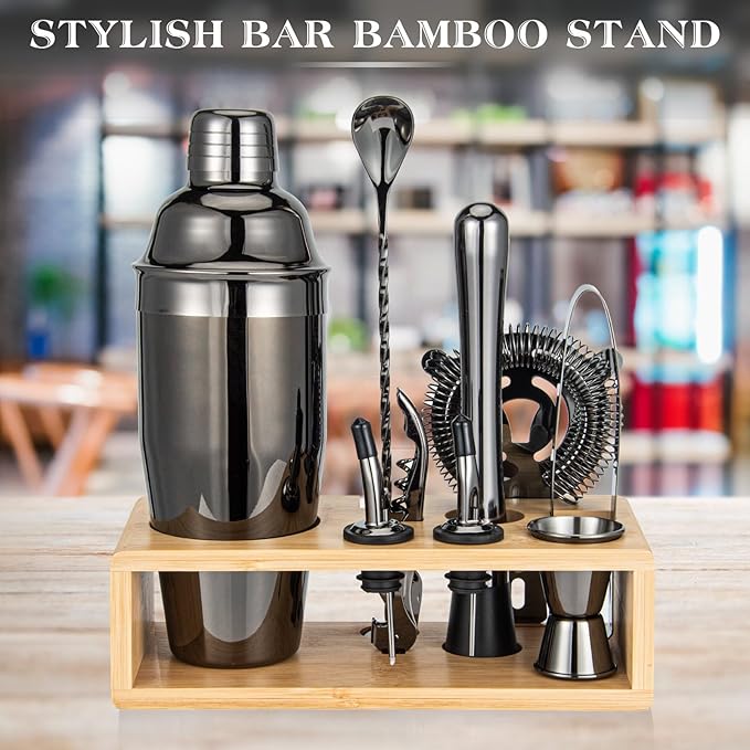 Cocktail Shaker Set, Mixology Bartender Kit 10-Piece Bar Tool Set with Stylish Bamboo Stand, Bar kit: Matini Shaker Mixing Spoon Muddler Jigger Cocksrew for Barware Set | Black