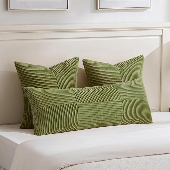 Fancy Homi 2 Packs Moss Green Euro Decorative Throw Pillow Covers 28x28 Inch for Bedroom Couch Bed, Farmhouse Boho Home Decor, Soft Corss Corduroy Patchwork Textured Square Cushion Case 71x71 cm