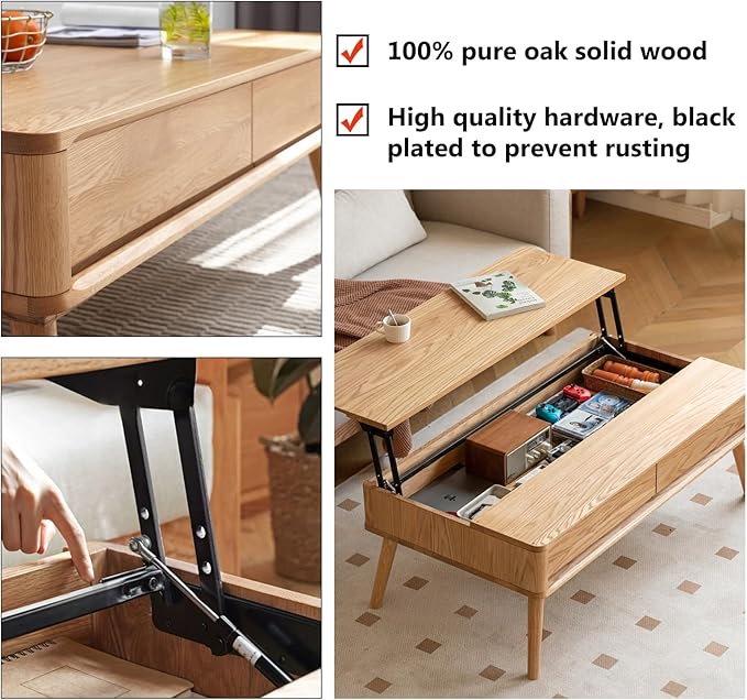100% Solid Wood Lift Top Coffee Table for Living Room, Mid Century Modern Tables with Drawers and Large Storage, Oak Coffee Tables for Small Spaces (Oak Wood Log, 39.37" W x 21.65" D x 25.59" H)