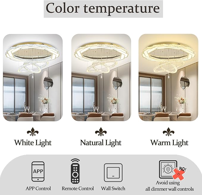 Flashing God Extra Large Chandelier Dia 55" Gold Chandeliers Flush Mount Chandelier for Living Room Bedroom Dining Room Hallway Dimmable 3 Rings Chandeliers