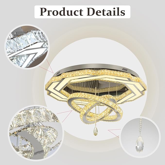 Flashing God Large Crystal Chandelier Dia 48" Silver Chandelier Flush Mount Ceiling Light for Bedroom Living Room Dining Room Hallway Dimmable 3 Rings LED Celing Lighting Fixtures