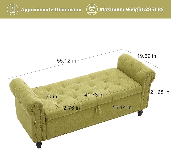 Furniliving 55” End of Bed Bench, Bedroom Bench with Button-Tufted, Large Upholstered Storage Ottoman Benches Entryway Bench with Storage Shoe Cabinet Bench, for Bedroom, Living Room, Linen, Green