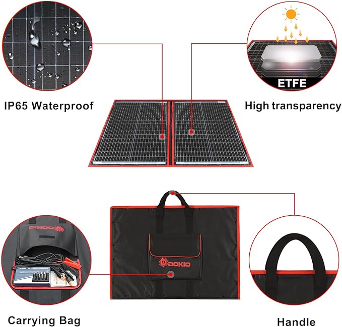 DOKIO 100W Portable Foldable Solar Panel Kit, Compact 21x28in Design 5.9lb with Standalone Controller and USB, Monocrystalline Charger for 12V Batteries, Power Stations, RV Camping Emergency Use