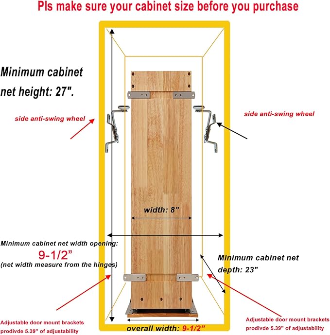 DINDON Pull Out Spice Rack Cabinet Organizer, (8" W x 21.9" D x 25.2" H) Multi-Use Soild Wood Pull Out Cabinet Organizer Slide Out Shelf Sliding Base Cabinet Storage Organization