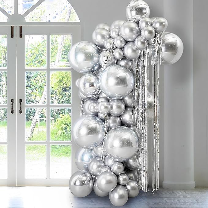 130pcs Metallic Silver Balloons Different Sizes 18" 12" 10" 5" Chrome Silver Balloon Garland Arch Kit for Graduation Birthday Baby Shower Wedding Anniversary New Year Party Decorations
