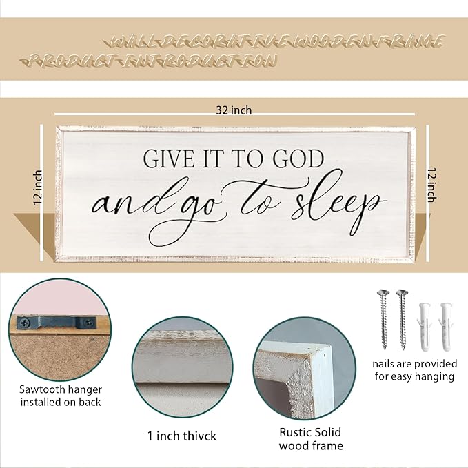 comurdyo Give It To God And Go to Sleep Sign 32''×12'' Master Bedroom Above Bed Wall Decor Wood Framed Couple Large Farmhouse Guest Room Rustic Simple Over Bedside Wall Art Hanging Decor (White)