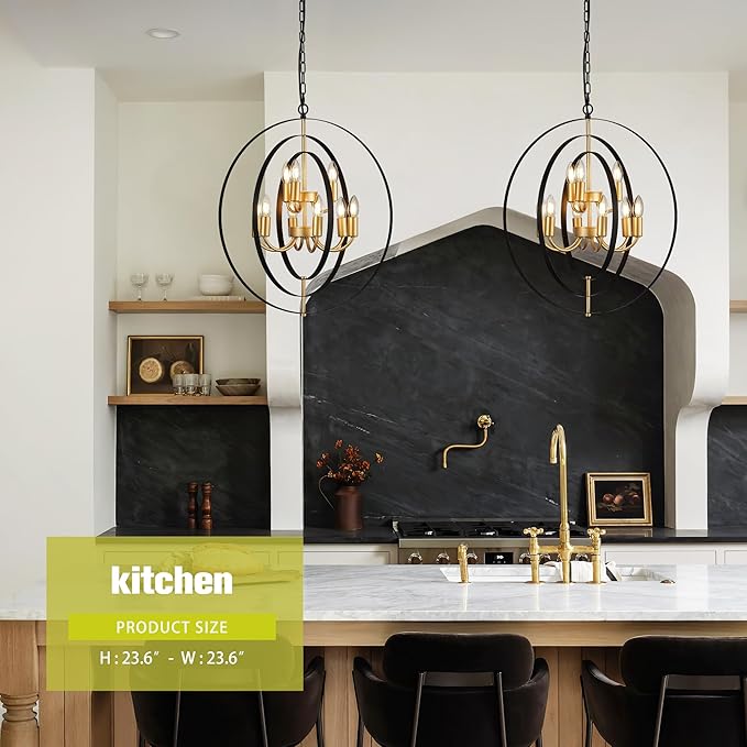 9-Light Globe Rustic Metal Chandelier, 23.6" Black Gold Adjustable Hanging Ceiling Pendant Light Fixture for Entryway Foyer Stairway Bedroom Dining Living Room Hallway