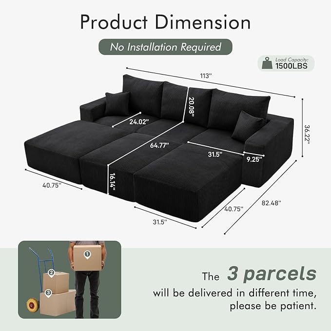 Boneless Sectional Cloud Couch Sofa Bed for Living Room, 112" Modular Modern Lounge 3 Seater Sleeper Black Couches with Chaise, No Assemble, Cordury Compression Upholstered Sofas