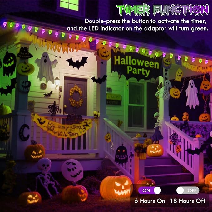 Extendable Purple and Green 2PK 100 LED C9 Halloween Lights Indoor Outdoor Waterproof, 98FT Super Bright C9 String Lights 13 Modes with Timer for Tree Patio Party Garden Halloween Decorations