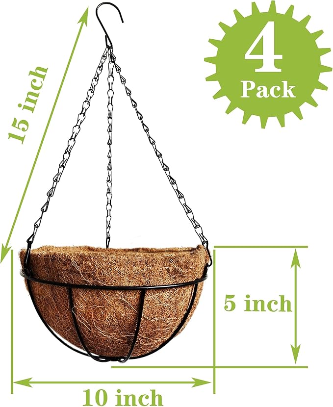 4 Pack 10 inch Metal Hanging Planters Basket with Coco Coir Liner Outdoor-Hanging Baskets for Plants Outdoor,Metal Wire Baskets with Window Box Planters, Hanging Flower Pots for Railings