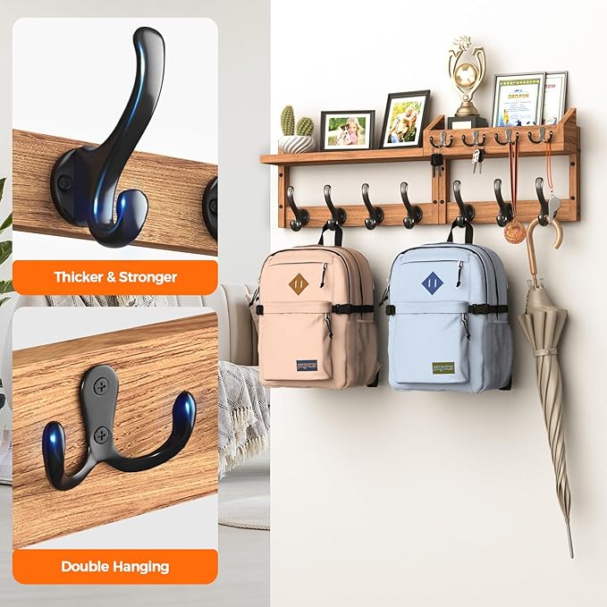 29" Coat Rack Wall Mount with Shelf, 4 in 1 Wall Mounted Coat and Key Hanger with 11 Hooks, Entryway Key Holder with Mail Holder for Living Room, Bedroom