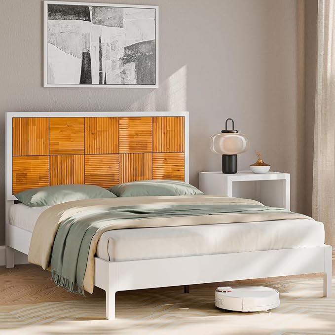 Bme Madia Bed Frame, Mid Century Queen Bed Frame and Headboard with Unique & Trendy Fluted Pattern, 800lbs Capacity Platform Bed Frame, Solid Acacia Wood Slat Support, Easy Assembly White Bed Frame
