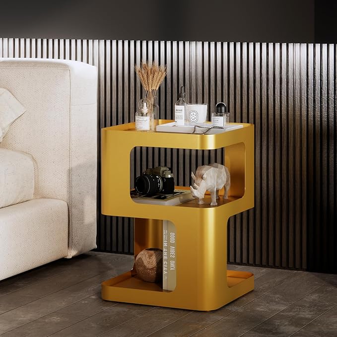 Gold Side Table,Modern end Table,Unique nightstand,Bedside Tables,Metal Accent Side Table with Storage for Living Room Bedroom Couch,no Assembly Required