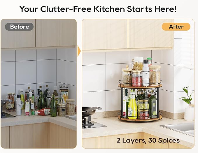 12.4" Lazy Susan Organizer 2 Tier - Rotating Spice Rack, Wooden Spinning Spice Holder for Inside Cabinet, Pantry, Kitchen, Countertop, Bathroom and Vanity, Versatile Storage