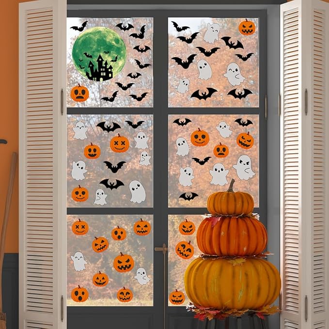 6 Sheets Halloween Window Clings Halloween Window Stickers Double-Sided Removable Castle Pumpkin Ghost Bat Window Decals Decor for Scary Halloween Theme Party Decorations