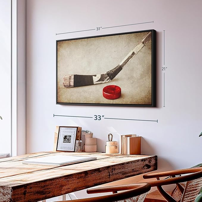 Elephant Stock Vintage Ice Hockey Wall Art - Horizontal Framed Canvas - 1-Piece Hallway Wall Decor - Photography Sports Canvas Print - Brown and Beige Decor for Wall - 31" X 21"