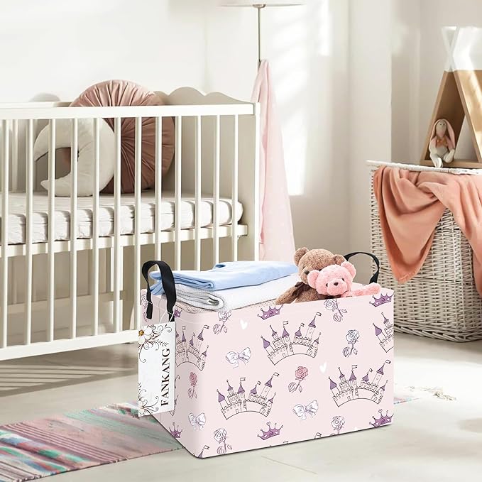 FANKANG Storage Bins, Nursery Hamper Canvas Laundry Basket Foldable with Waterproof PE Coating Large Storage Baskets for Kids Boys and Girls, Office, Bedroom, Clothes,Toys(Rec-Princess Castle