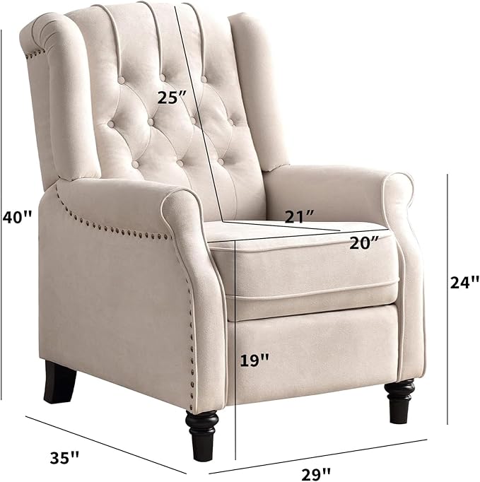 CANMOV Push Back Recliner Chair Set of 2, Elizabeth Fabric Recliner with Tufted Back Home Theater Seating w/Padded Seat and Nailhead Trim, Wooden Legs, Adjustable Single Sofa，White