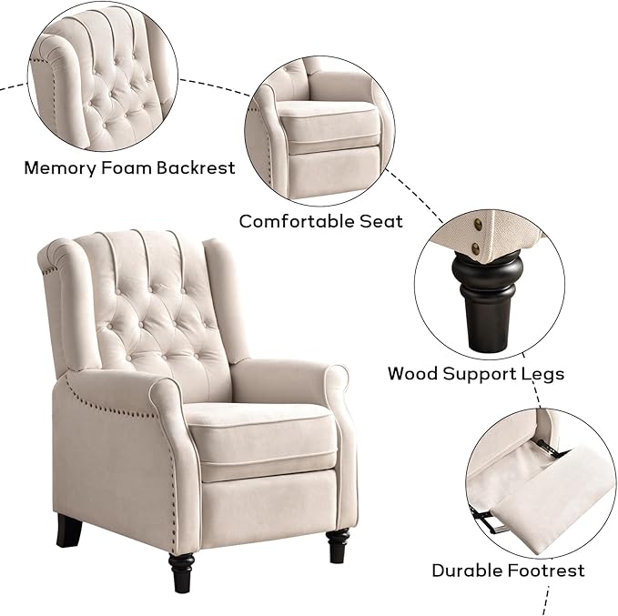 EBELLO 2 Pcs Pushback Recliner Chairs, Fabric Armchair Push Back Recliner with Rivet Decoration, Single Sofa Accent Chair for Living Room, Bedroom,Beige