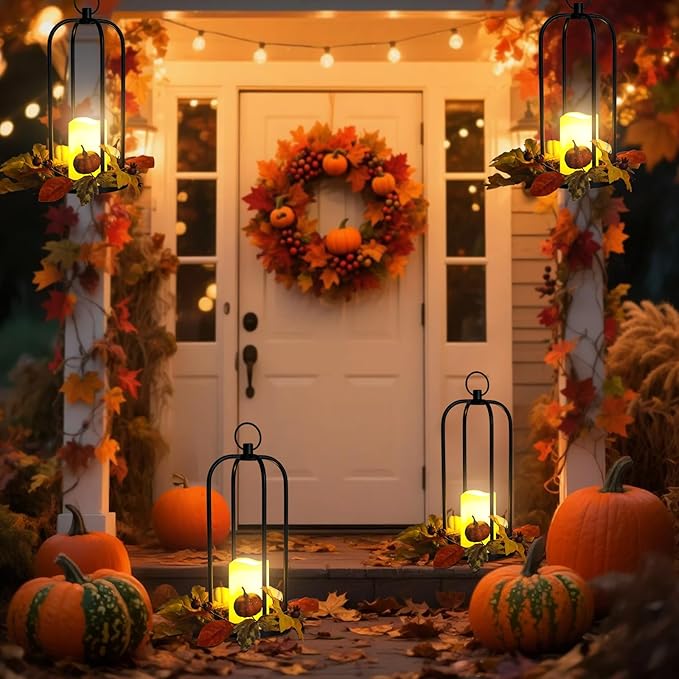 Fall Decor Lanterns Outdoor, 14" Waterproof Decorative Lantern Indoor Decor Metal Hanging Candle Holder LED Flameless Candle Lantern for Patio, Porch, 2 Packs